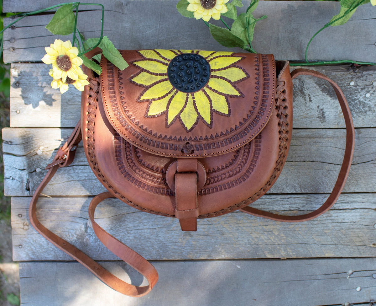 WOMENS SUNFLOWER STAMPED Hand tooled genuine leather tote bag purse MexicanSandals