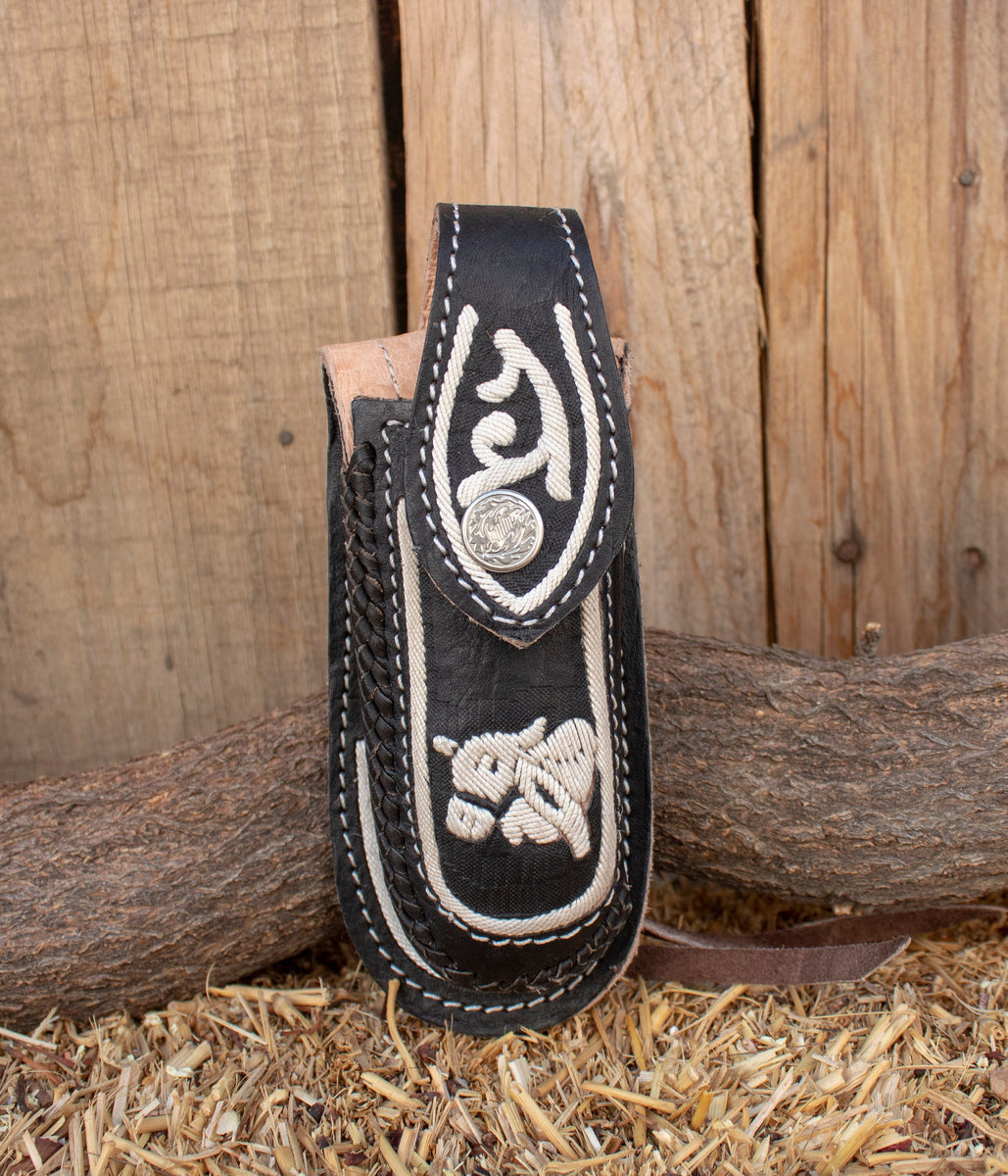 HANDCRAFTED LEATHER Hemp horse embroidered 5 inch knife SHEATH funda n –