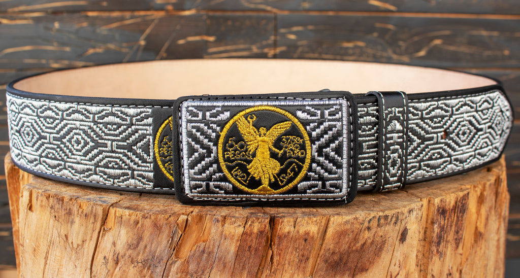 Embroidered black leather belt
