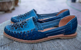 WOMENS BLUE LEATHER FLORAL HUARACHE MEXICAN SANDAL