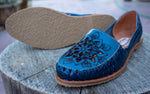 WOMENS BLUE LEATHER FLORAL HUARACHE MEXICAN SANDAL