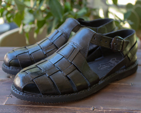 MENS BLACK LEATHER MEXICAN BUCKLE SHOE SANDALS