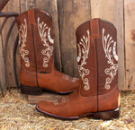 WOMENS LEATHER EMBROIDERED HORSESHOE SQUARE TOE RODEO COWGIRL BOOTS