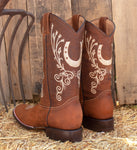 WOMENS LEATHER EMBROIDERED HORSESHOE SQUARE TOE RODEO COWGIRL BOOTS