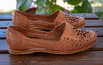 WOMENS TAN FLORAL STAMPED LEATHER HUARACHE MEXICAN SANDAL