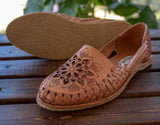 WOMENS TAN FLORAL STAMPED LEATHER HUARACHE MEXICAN SANDAL