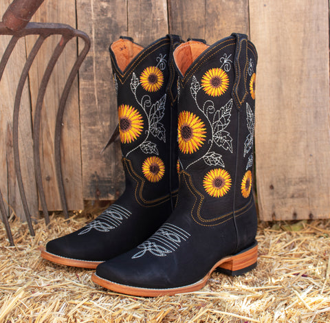 WOMENS LEATHER EMBROIDERED SUNFLOWER SQUARE TOE RODEO COWGIRL BOOTS