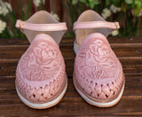 WOMENS ROSE STAMPED PINK LEATHER HUARACHE MEXICAN SANDAL