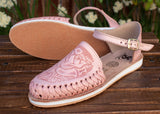 WOMENS ROSE STAMPED PINK LEATHER HUARACHE MEXICAN SANDAL