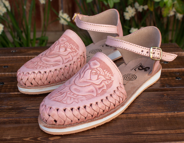 WOMENS ROSE STAMPED PINK LEATHER HUARACHE