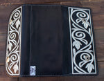WOMENS BLACK LEATHER EMBROIDERED TRIFOLD WALLET
