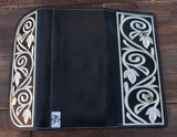 WOMENS BLACK LEATHER EMBROIDERED TRIFOLD WALLET