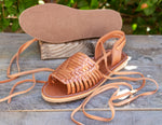 WOMENS BROWN LEATHER OPEN TOE LACE UP HUARACHE MEXICAN SANDALS
