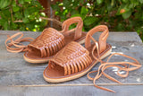WOMENS BROWN LEATHER OPEN TOE LACE UP HUARACHE MEXICAN SANDALS