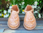 WOMENS TAN FLORAL STAMPED LEATHER HUARACHE MEXICAN SANDAL
