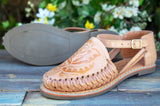 WOMENS TAN FLORAL STAMPED LEATHER HUARACHE MEXICAN SANDAL