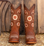 WOMENS LEATHER EMBROIDERED SUNFLOWER SQUARE TOE RODEO COWGIRL BOOTS
