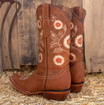 WOMENS LEATHER EMBROIDERED SUNFLOWER SQUARE TOE RODEO COWGIRL BOOTS
