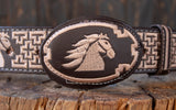 WESTERN MENS HORSE EMBROIDERED BROWN MARIACHI LEATHER BELT