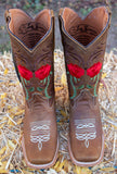 WOMENS LEATHER EMBROIDERED ROSE SQUARE TOE RODEO COWGIRL BOOTS