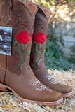 WOMENS LEATHER EMBROIDERED ROSE SQUARE TOE RODEO COWGIRL BOOTS