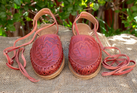 WOMENS LEATHER LACE UP BRICK ROSE STAMPED MEXICAN SANDALS