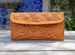 WOMENS LEATHER rose STAMPED slim handcrafted trifold wallet