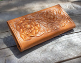 WOMENS LEATHER rose STAMPED slim handcrafted trifold wallet