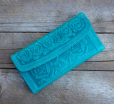 WOMENS LEATHER aqua green rose STAMPED slim trifold wallet
