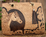 WOMENS HORSE STAMPED Hand tooled full grain leather Cowgirl tote bag purse