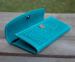 WOMENS LEATHER aqua green rose STAMPED slim trifold wallet