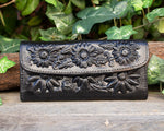 WOMENS BLACK SUNFLOWER slim handcrafted trifold leather stamped hand wallet purse