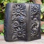 WOMENS BLACK SUNFLOWER slim handcrafted trifold leather stamped hand wallet purse