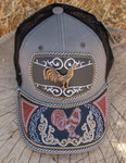 ROOSTER Gallo metal plaque western EMBROIDERED HAT adjustable trucker mesh cap