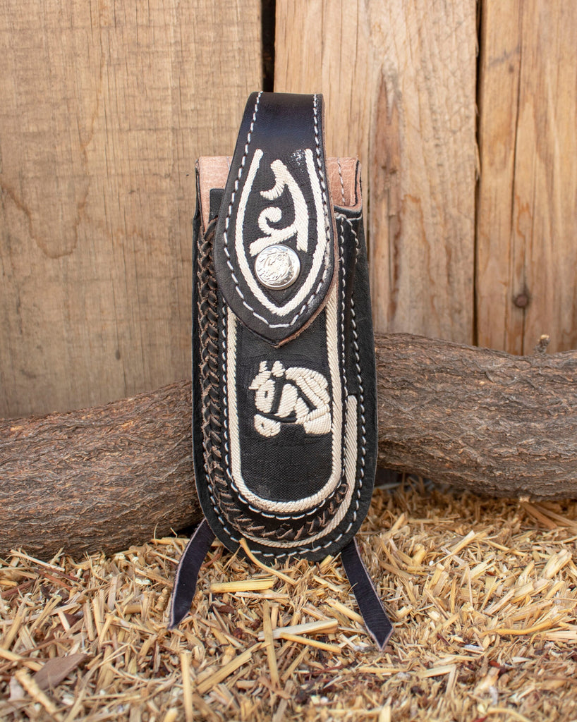 HANDCRAFTED LEATHER Hemp horse embroidered 5 inch knife SHEATH
