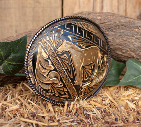 Western Horse Gold & Silver Engraved Mexican Vaquero Cowboy Belt Buckle