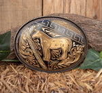 HORSE ENGRAVED COWBOY western belt buckle caballo black & gold