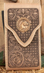 LEATHER ROSE STAMPED western Horse plaque cowboy rodeo cell phone case pouch