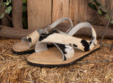 MENS LEATHER 2 strap COWHAIR black & white mexican sandals with tire sole Size 10 Huarache pelo de vaca