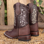 KIDS TODDLER WESTERN Girls square toe dark brown genuine embroidered leather cowboy boots
