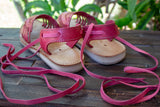 WOMENS PINK LEATHER OPEN TOE LACE UP FLAT HUARACHE MEXICAN SANDALS