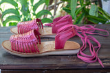 WOMENS PINK LEATHER OPEN TOE LACE UP FLAT HUARACHE MEXICAN SANDALS