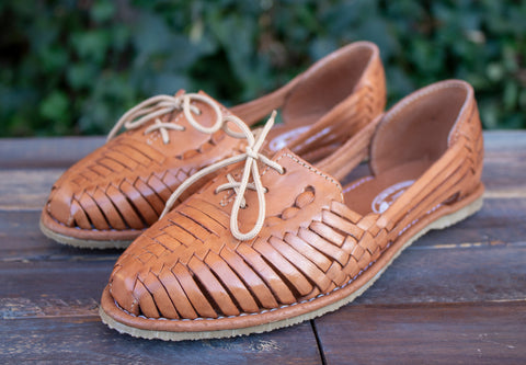 WOMENS LEATHER LACED BROWN HUARACHE MEXICAN SANDAL