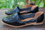 WOMENS BLACK LEATHER FLORAL HUARACHE MEXICAN SANDAL