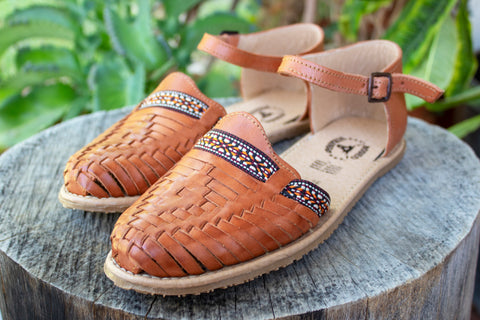 WOMENS LEATHER TAN BROWN HUARACHE MEXICAN SANDAL