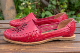 WOMENS RED LEATHER STAMPED HUARACHE MEXICAN SANDAL