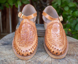 WOMENS ROSE STAMPED LEATHER HUARACHE MEXICAN SANDAL