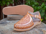 WOMENS ROSE STAMPED LEATHER HUARACHE MEXICAN SANDAL