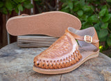 WOMENS ROSE STAMPED LEATHER HUARACHE MEXICAN SANDAL