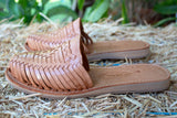 WOMENS TAN LEATHER SLIP ON HUARACHE MEXICAN SANDAL